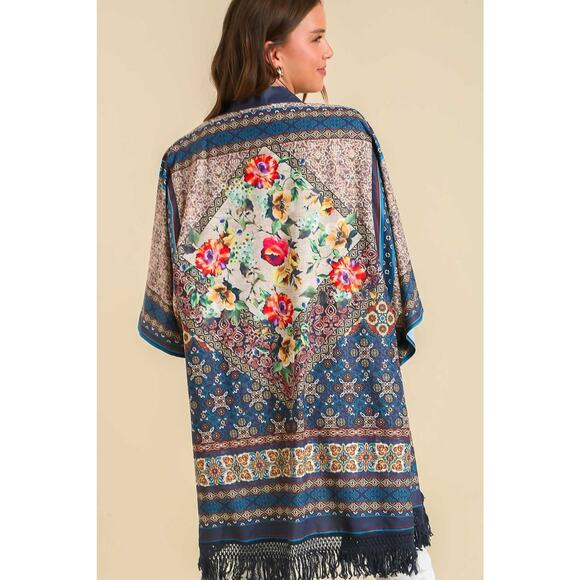 Umgee Full Size Fringe Hem Open Front Printed Kimono Sleeve Cover-Up Plus Size - Picture 3 of 3